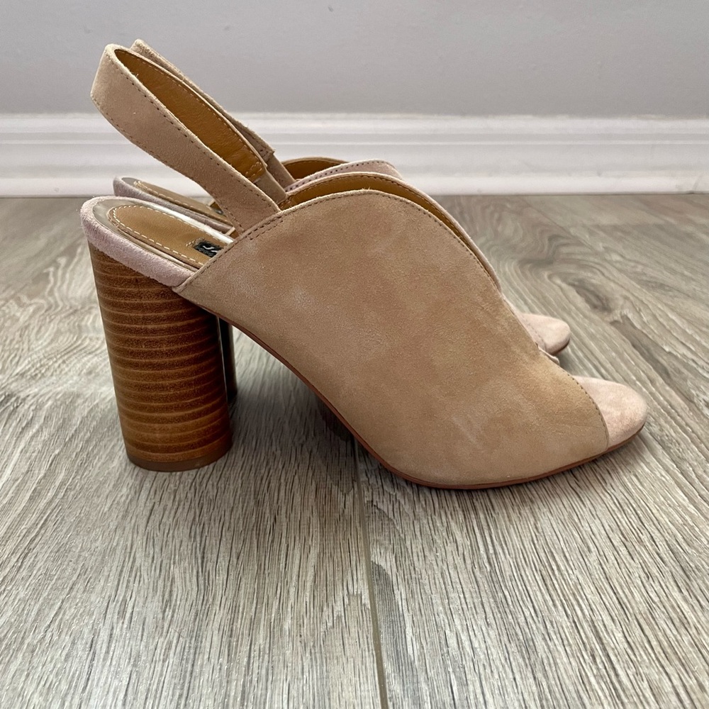 Leather Open Toe Slingback Stacked Heel Nude Colorblock Sandal